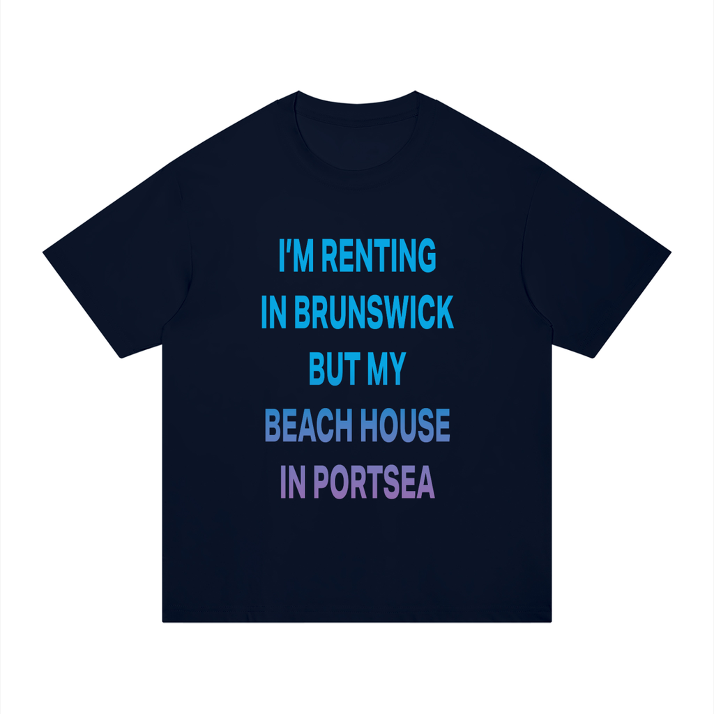 I’M RENTING IN BRUNSWICK BUT MY BEACH HOUSE IN PORTSEA Blue/Purple/Black - Unisex Regular Fit Cotton T-Shirt